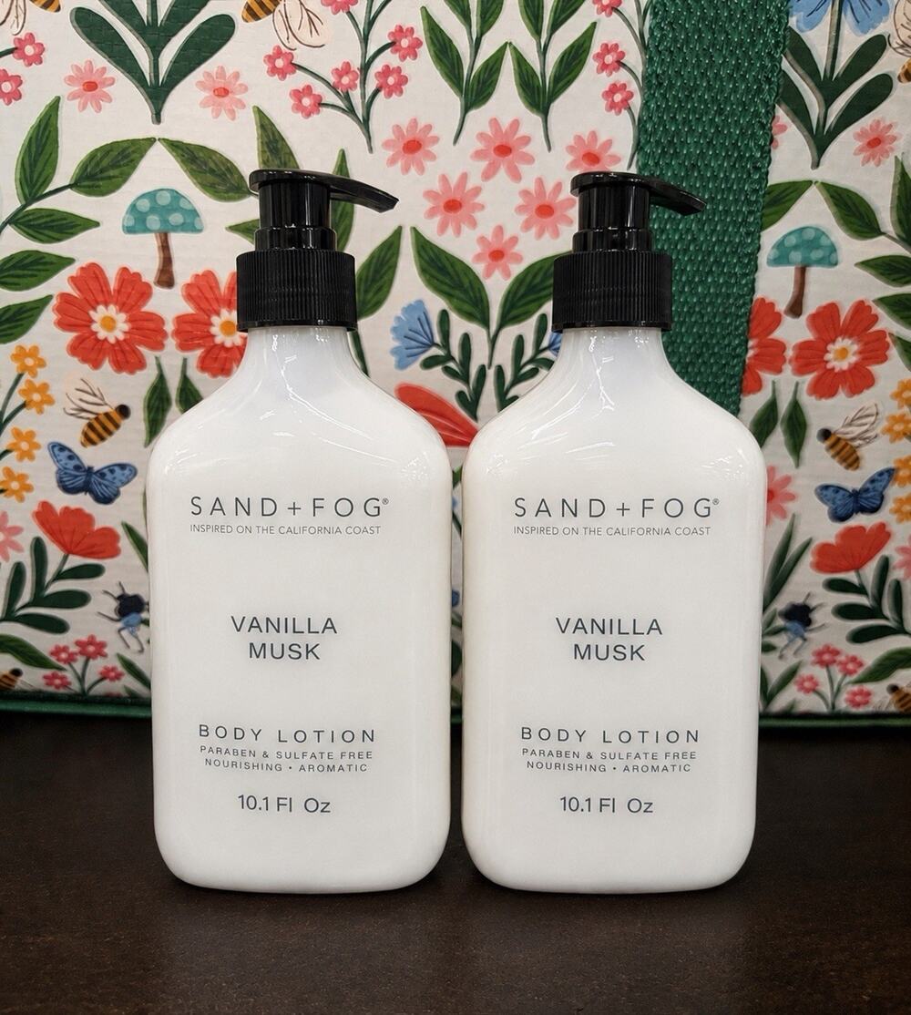 SAND + FOG Vanilla Musk Body Lotion 10.1 oz Glass Bottle Set of 2
